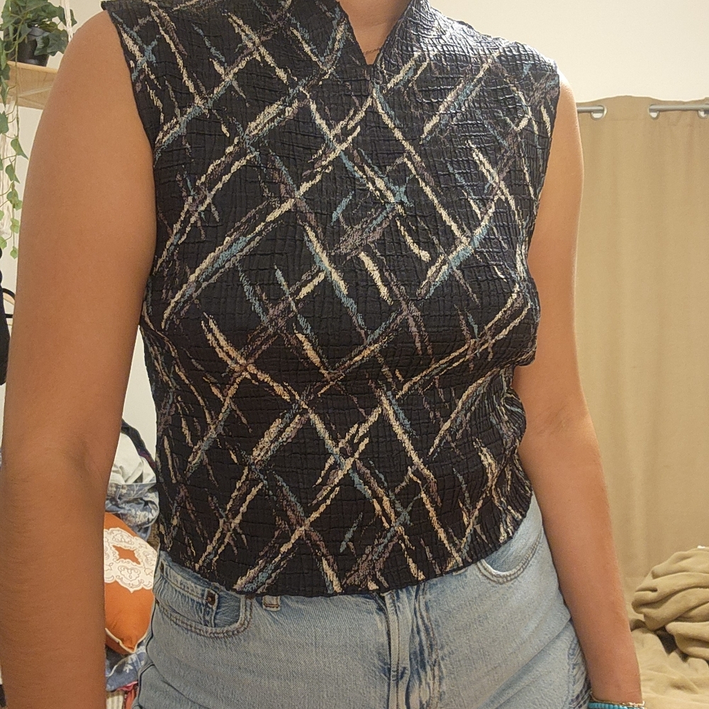 Vintage Petite Sophisticate Mock Neck Top M 90s Abstract Print Textured